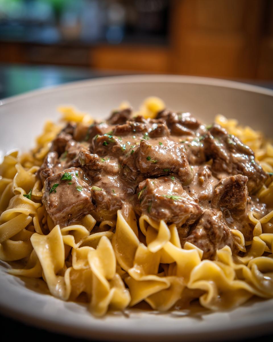 Close-up of a serving of creamy beef stroganoff with tender beef chunks and a rich sauce over egg noodles.