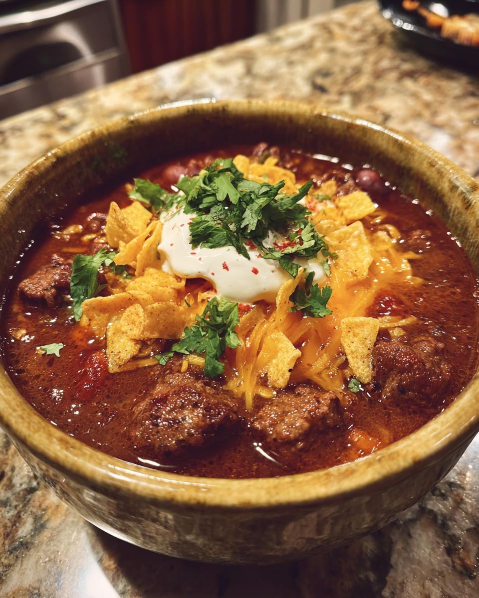 A hearty bowl of creamy taco soup with tender beef chunks, topped with sour cream, shredded cheese, crushed tortilla chips, and fresh cilantro.