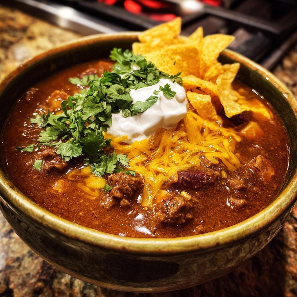 A hearty bowl of creamy taco soup topped with sour cream, shredded cheese, cilantro, and tortilla chips.