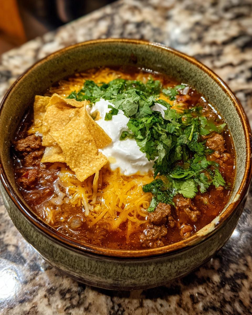 A hearty bowl of creamy taco soup topped with shredded cheese, sour cream, cilantro, and tortilla chips.