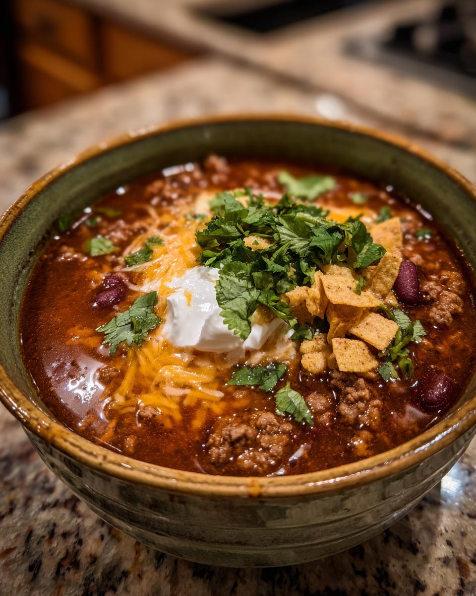 A bowl of hearty and creamy taco soup, topped with cheese, sour cream, cilantro, and tortilla chips.