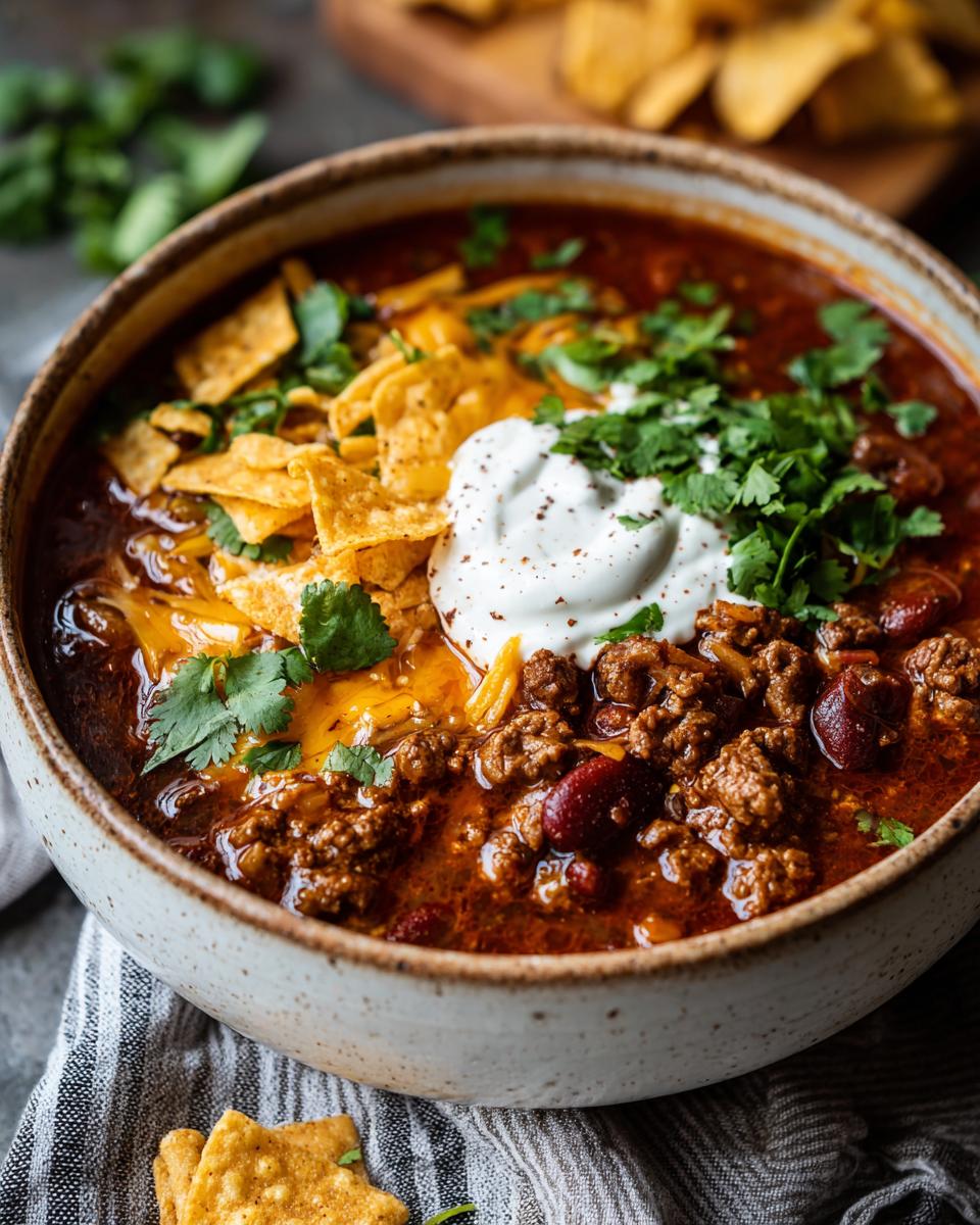 A hearty bowl of creamy taco soup, topped with shredded cheese, crushed tortilla chips, cilantro, and a dollop of sour cream.