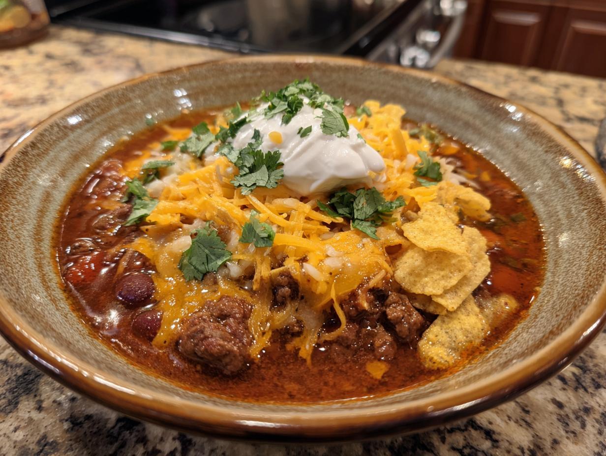A hearty bowl of creamy taco soup topped with shredded cheese, sour cream, cilantro, and tortilla chips.