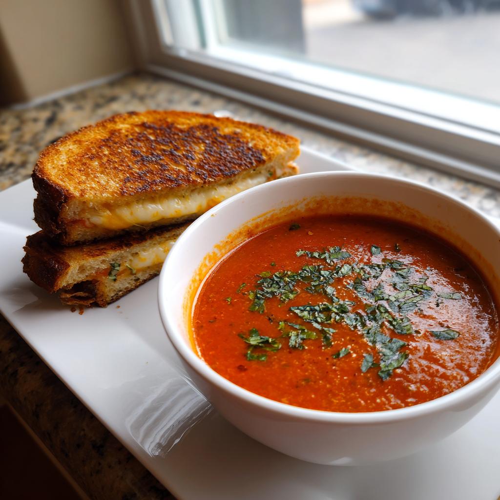 A bowl of creamy tomato basil soup garnished with herbs, served with a stacked grilled cheese sandwich.