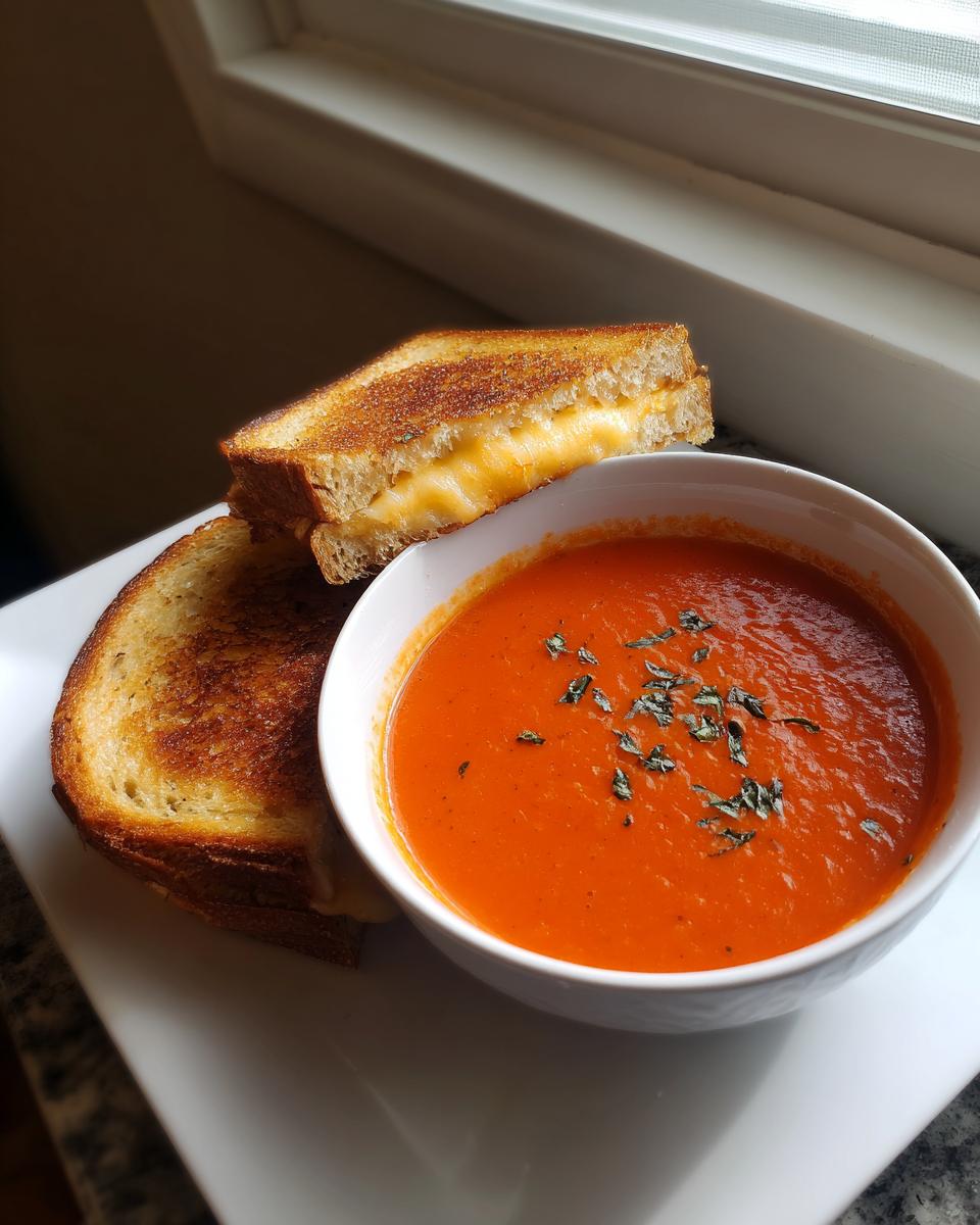 A bowl of creamy tomato basil soup next to a perfectly grilled cheese sandwich, a classic pairing for soup recipes.