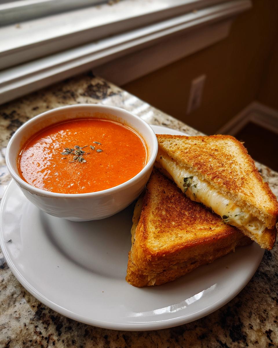 A bowl of creamy tomato basil soup served with two halves of a gooey grilled cheese sandwich.