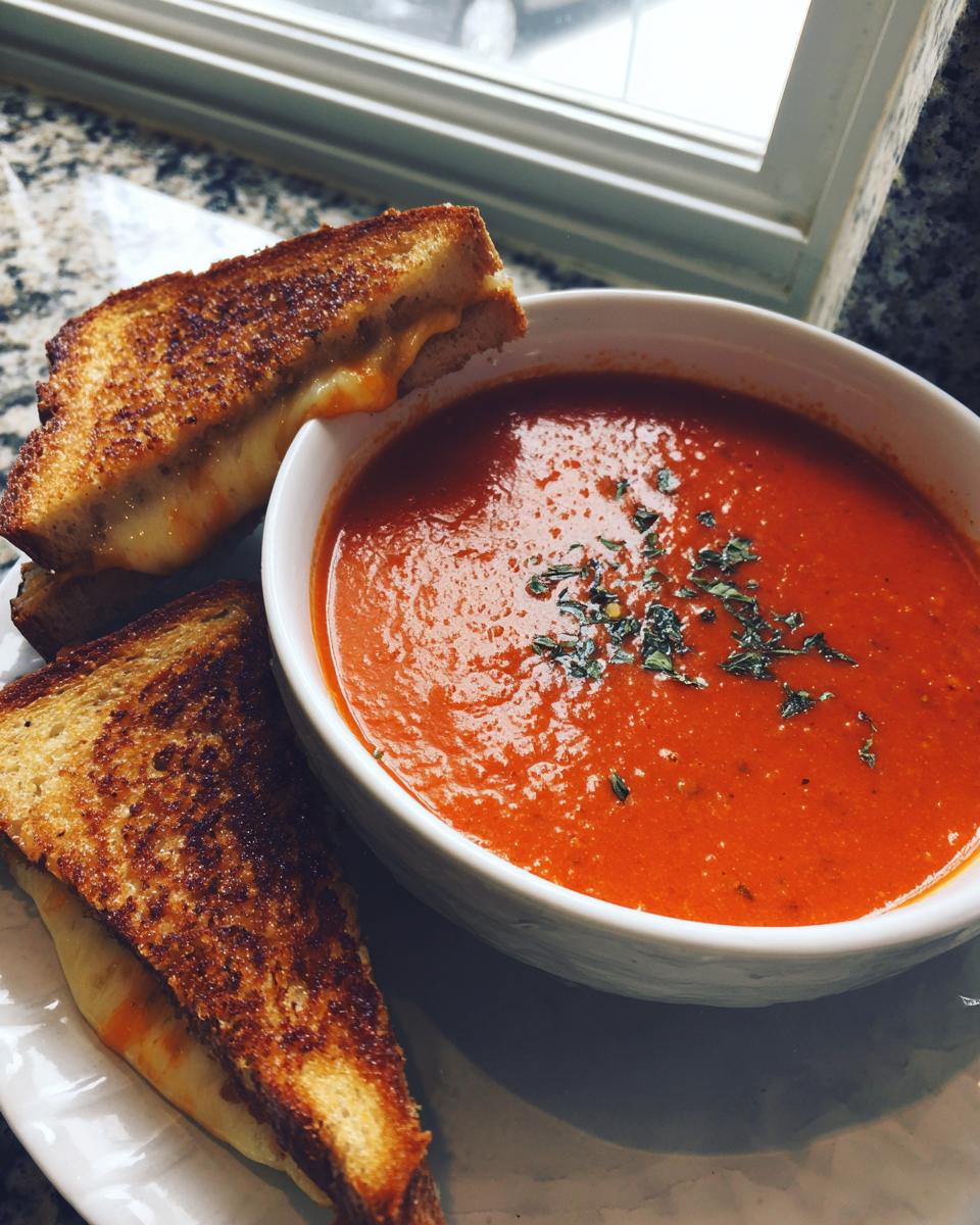 A bowl of creamy tomato basil soup garnished with herbs, served with golden-brown grilled cheese sandwiches.