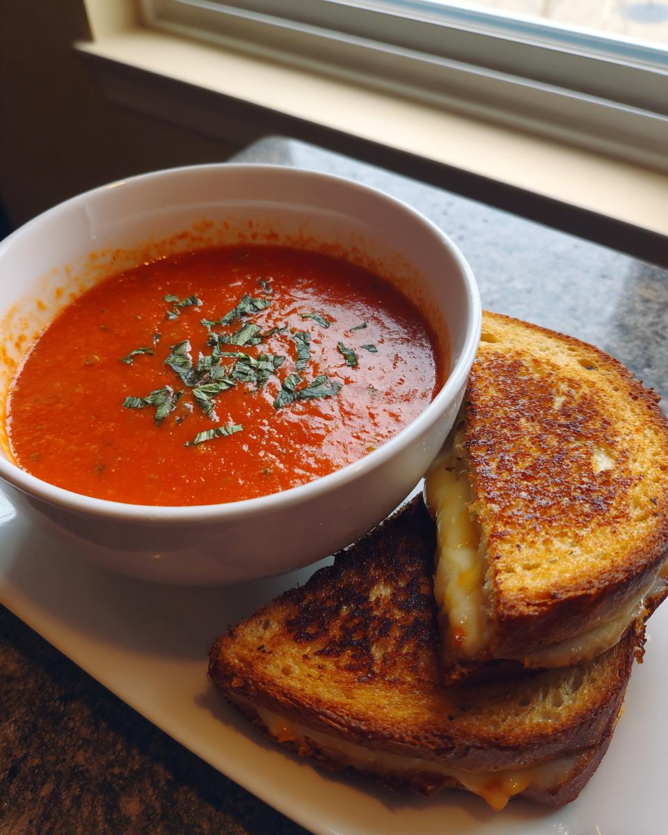 A bowl of creamy tomato basil soup next to a perfectly grilled cheese sandwich, a classic pairing for soup recipes.