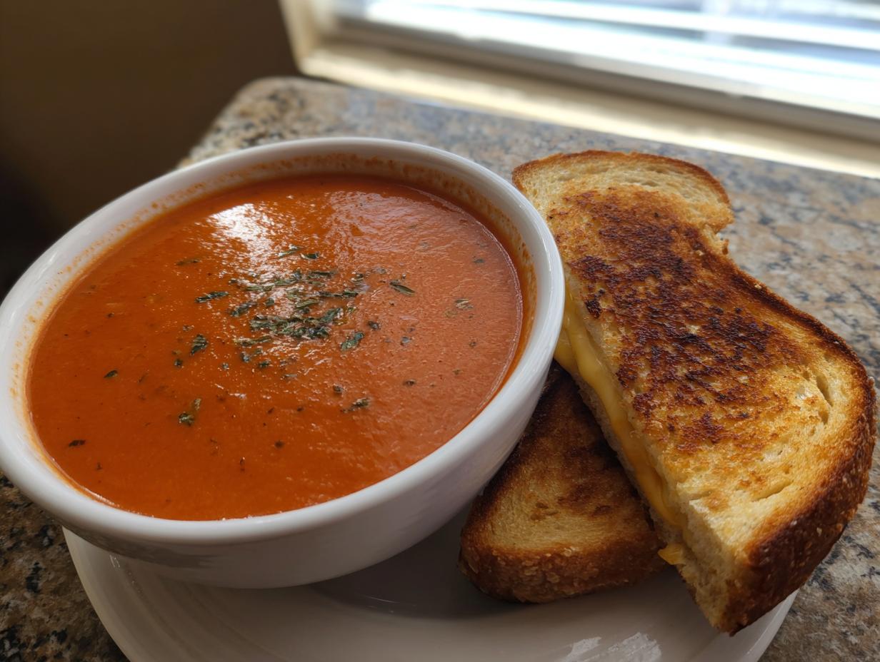 A bowl of creamy tomato basil soup next to a perfectly grilled cheese sandwich, a classic pairing for soup recipes.