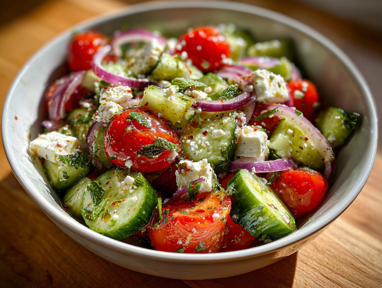 Close-up of a refreshing summer salad with cucumber, tomato, feta cheese, and red onion.