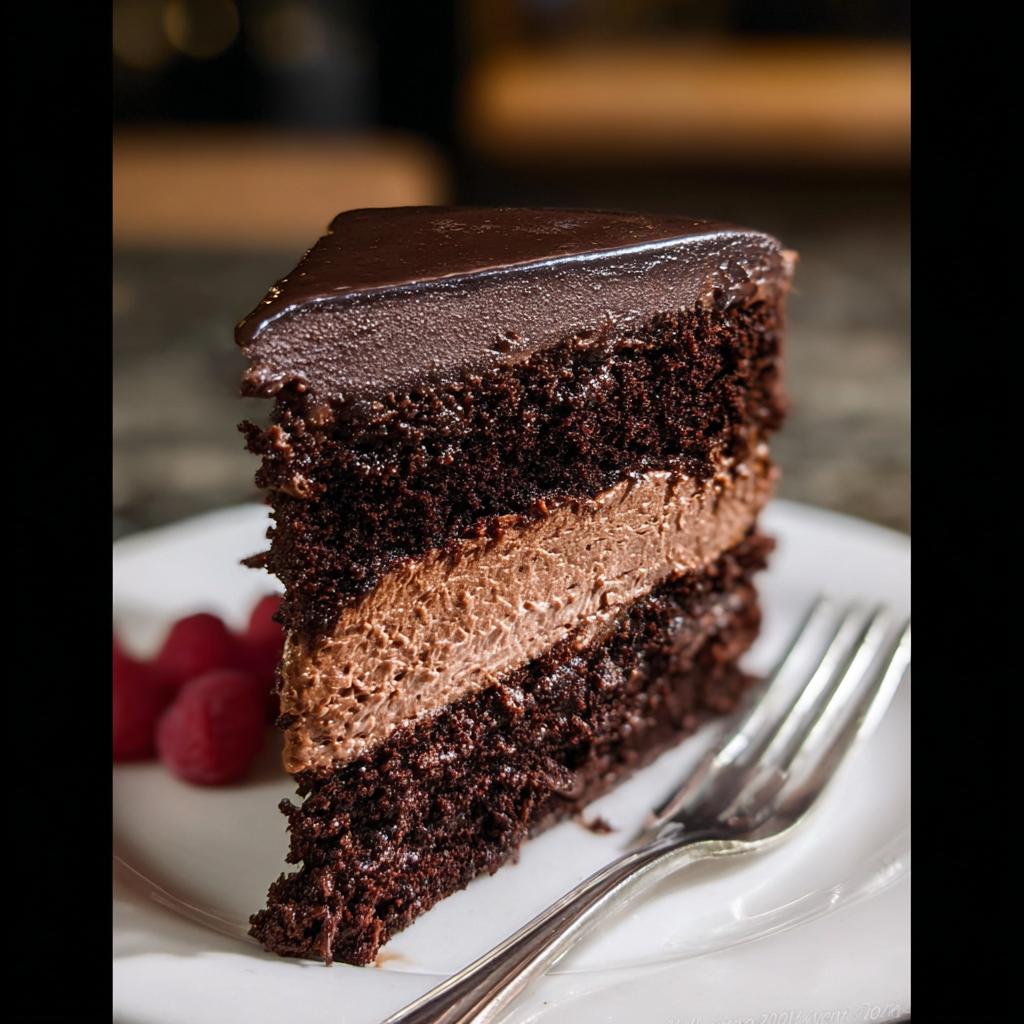 A decadent slice of Dark Chocolate Mousse Cake with layers of chocolate cake and mousse, topped with ganache.