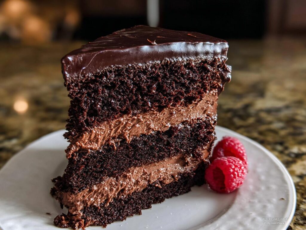 A decadent slice of Dark Chocolate Mousse Cake with rich chocolate frosting and mousse filling, garnished with raspberries.