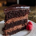 A decadent slice of Dark Chocolate Mousse Cake with rich chocolate frosting and mousse filling, garnished with raspberries.