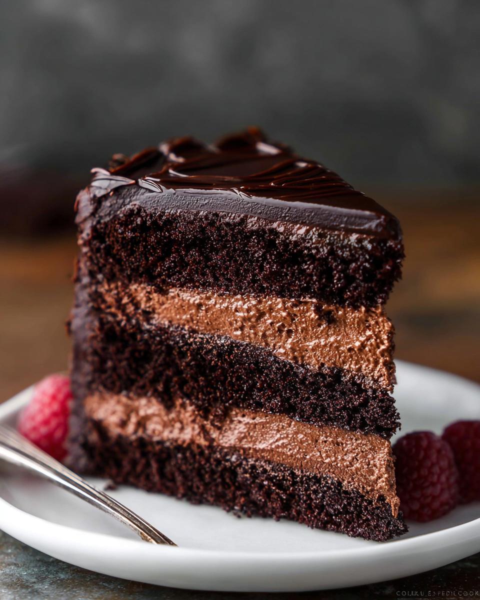 A decadent slice of Dark Chocolate Mousse Cake with layers of chocolate cake and rich mousse, garnished with raspberries.