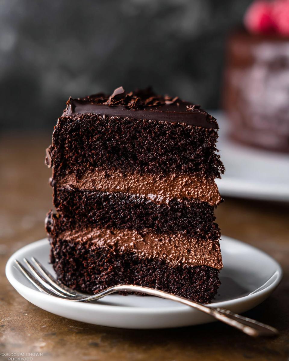 A decadent slice of Dark Chocolate Mousse Cake with layers of chocolate cake and rich mousse, topped with chocolate shavings.