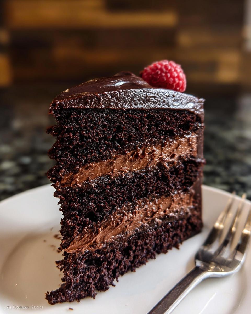A decadent slice of Dark Chocolate Mousse Cake with layers of rich chocolate cake and smooth mousse, topped with a raspberry.