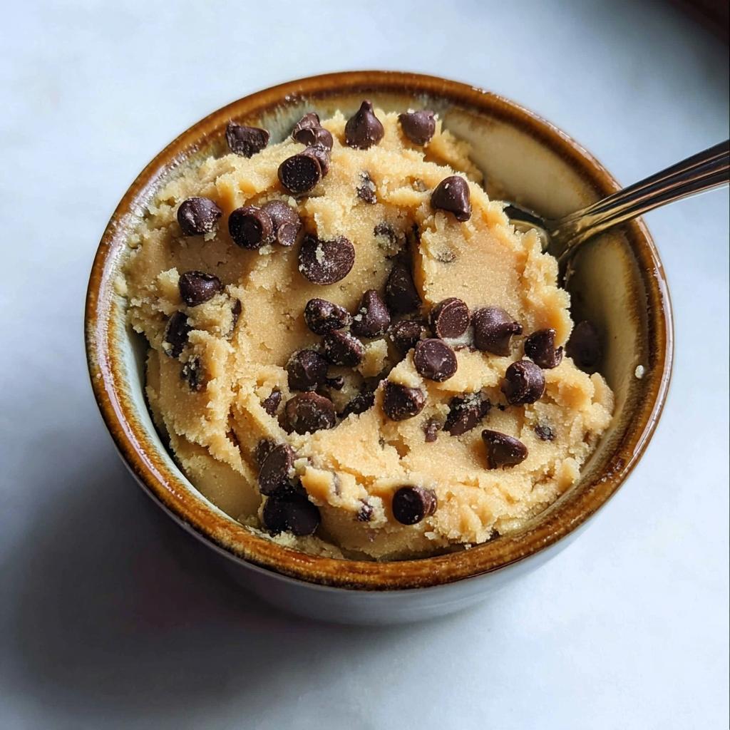A close-up of a bowl filled with delicious protein cookie dough, generously studded with chocolate chips.