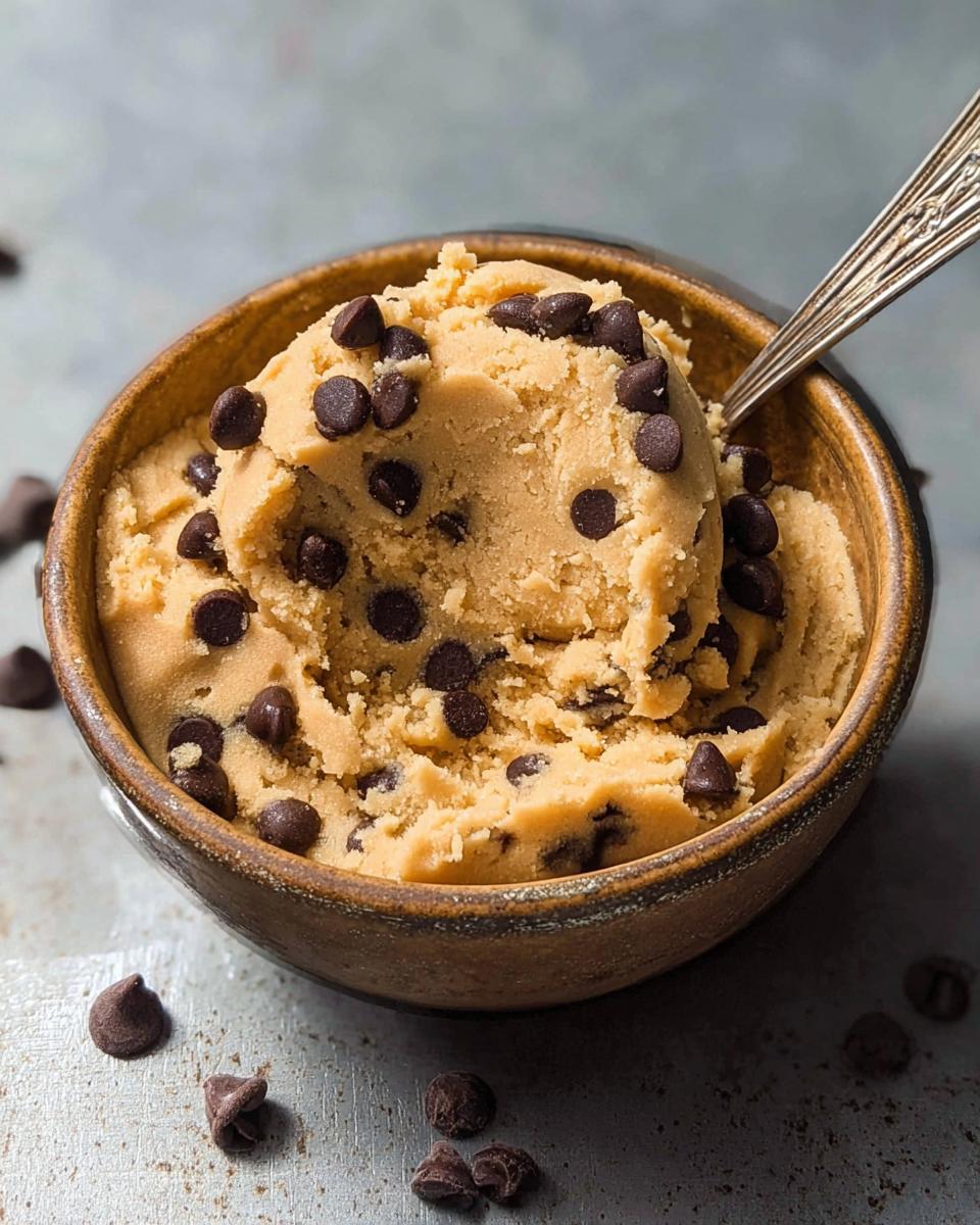 A close-up of a bowl filled with delicious protein cookie dough studded with chocolate chips, with a spoon resting inside.
