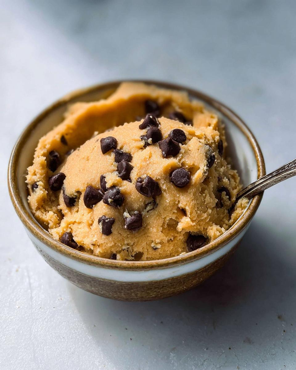 A bowl overflowing with delicious protein cookie dough studded with dark chocolate chips, ready to be enjoyed.