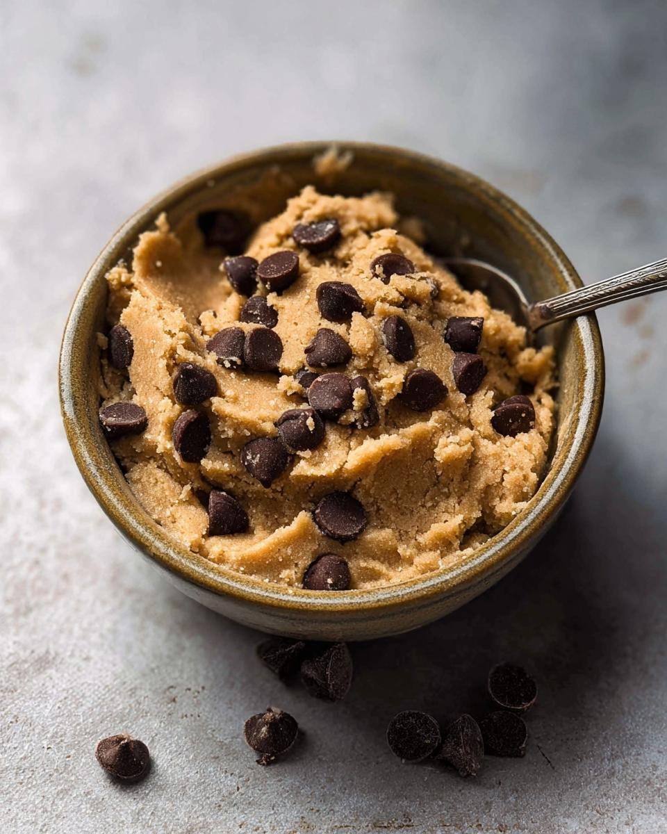 A bowl of delicious protein cookie dough loaded with chocolate chips, with a spoon and scattered chips.
