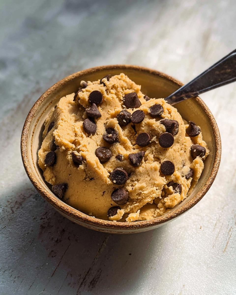 A bowl filled with Delicious Protein Cookie Dough studded with chocolate chips, with a spoon resting in it.