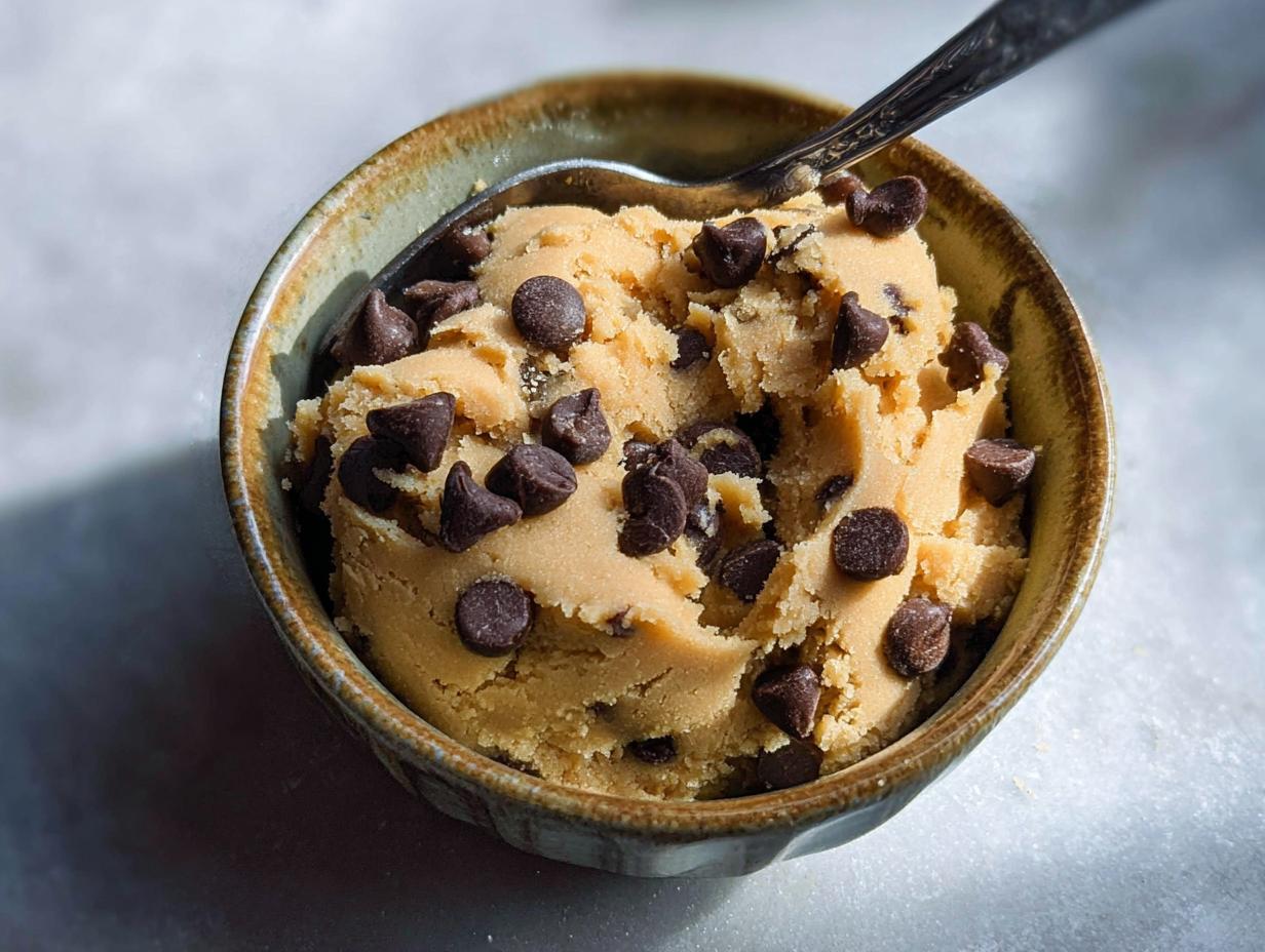 A bowl of delicious protein cookie dough loaded with chocolate chips, ready to be eaten with a spoon.