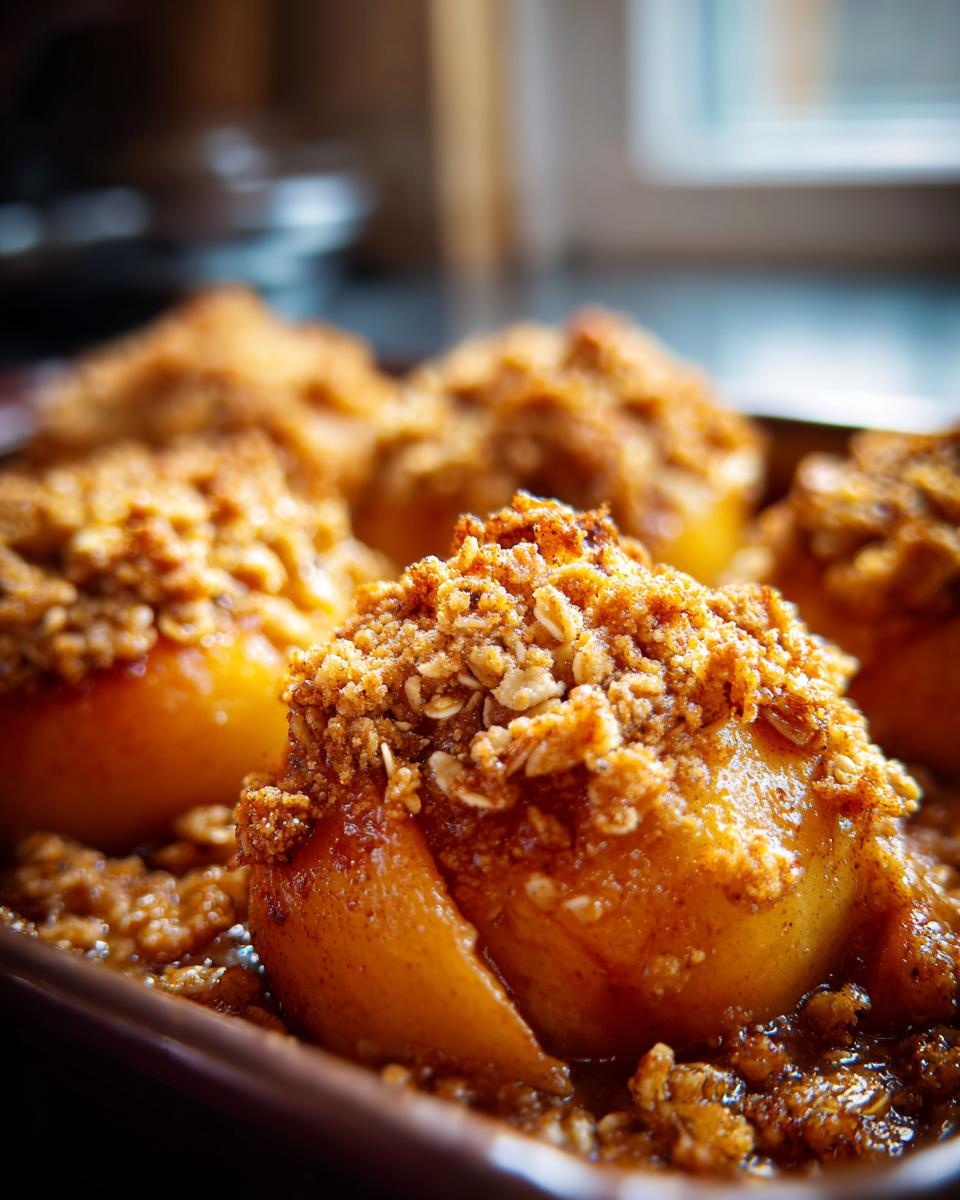 Close-up of baked apples with a crumb topping, showcasing a warm and buttery apple crisp dessert.