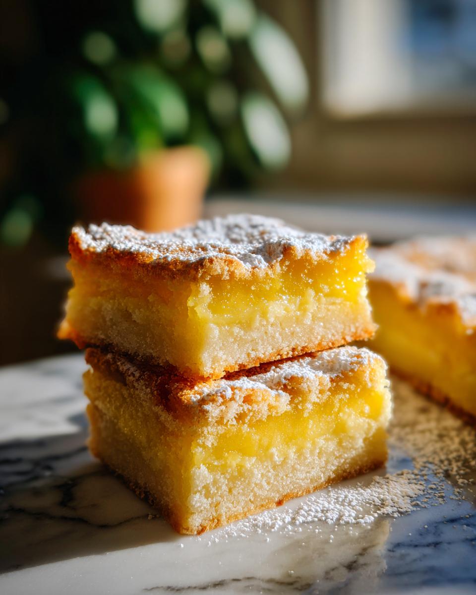 Two stacked lemon bars dusted with powdered sugar, showcasing their bright yellow filling and crumbly crust.
