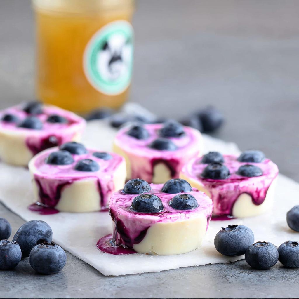 Close-up of Easy Blueberry Swirl Yogurt Bites topped with fresh blueberries and a blueberry drizzle.