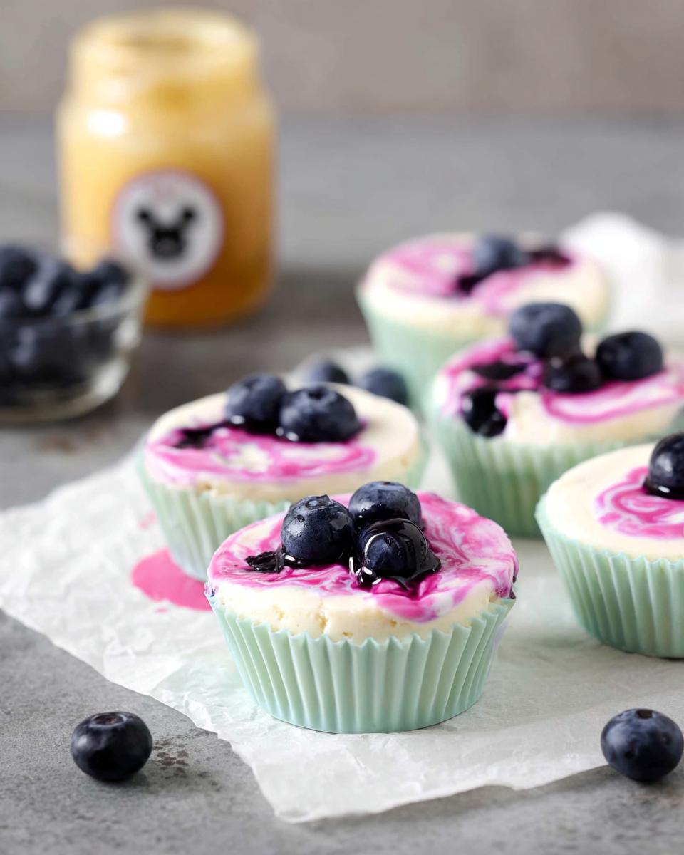 Close-up of Easy Blueberry Swirl Yogurt Bites topped with fresh blueberries and blueberry sauce.