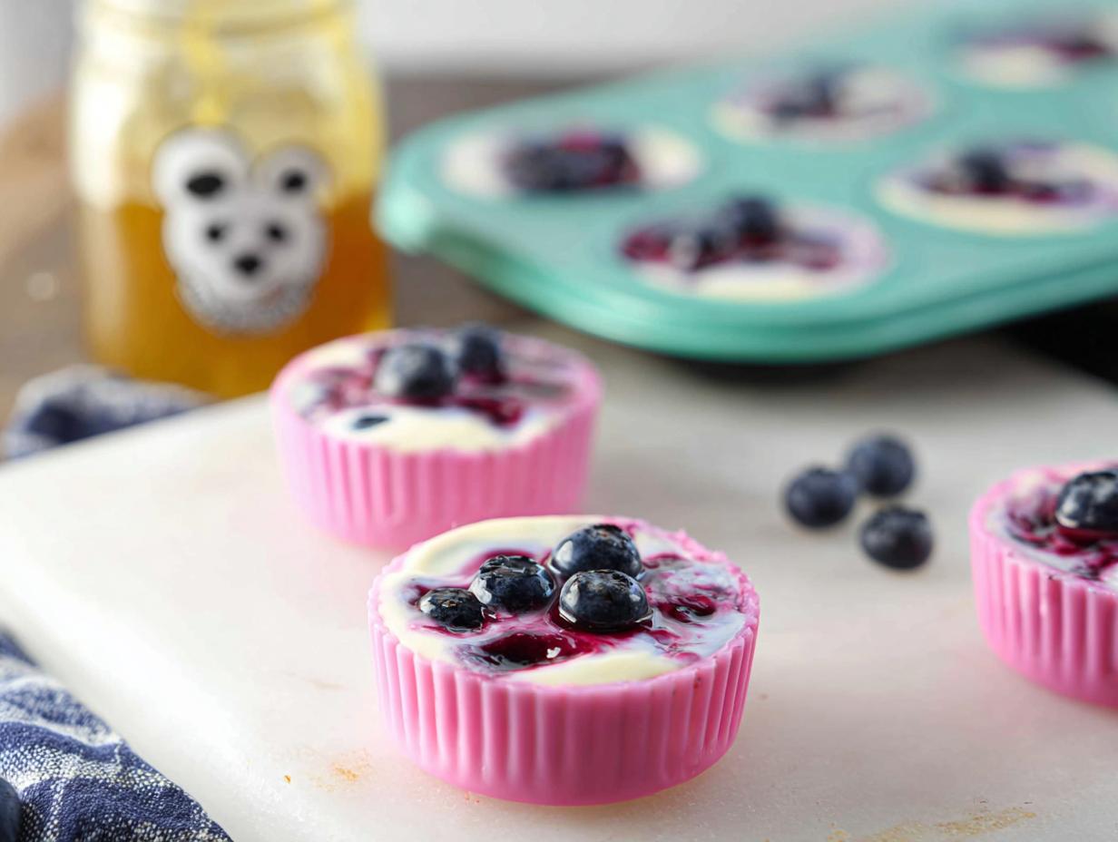 Close-up of pink silicone molds filled with easy blueberry swirl yogurt bites, topped with fresh blueberries.