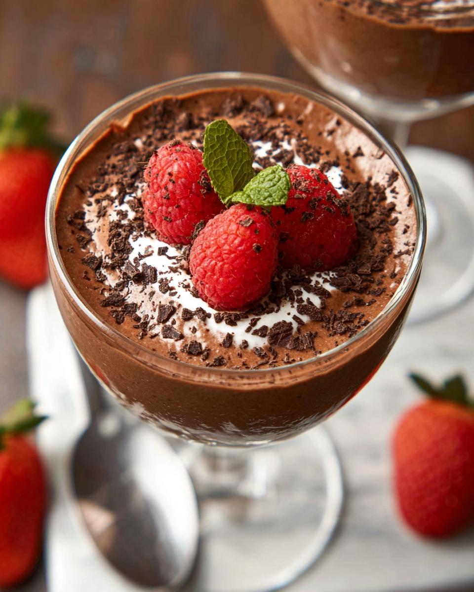 A close-up of Easy Cottage Cheese Chocolate Mousse topped with whipped cream, raspberries, and chocolate shavings.