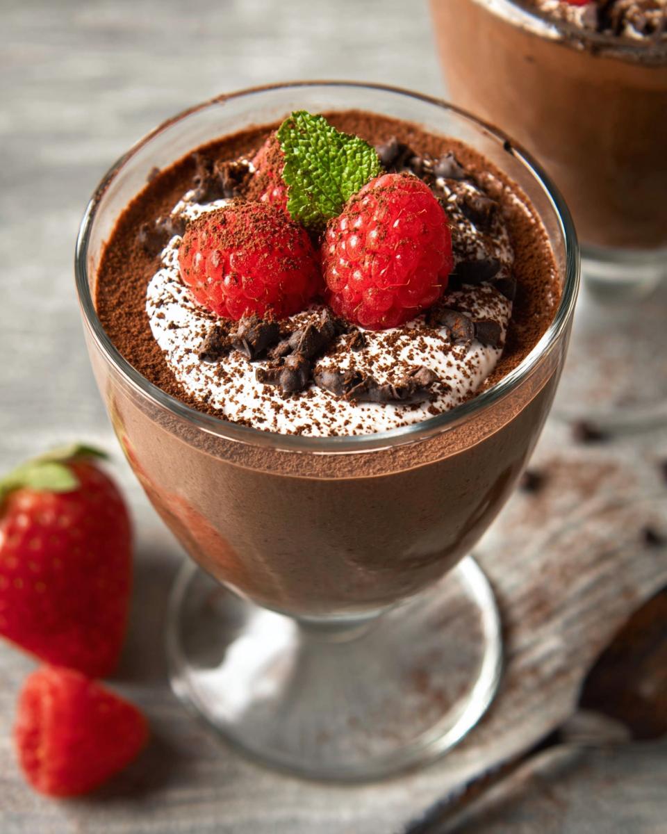 A close-up of a glass of Easy Cottage Cheese Chocolate Mousse topped with whipped cream, raspberries, mint, and chocolate shavings.
