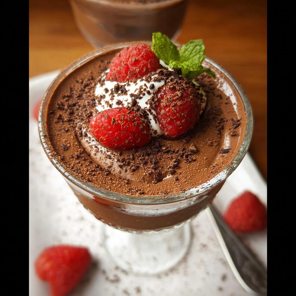 A decadent serving of easy cottage cheese chocolate mousse topped with whipped cream, fresh raspberries, and chocolate shavings.