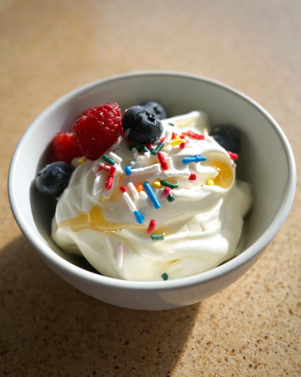 A bowl of creamy frozen Greek yogurt topped with fresh raspberries, blueberries, colorful sprinkles, and a drizzle of honey.