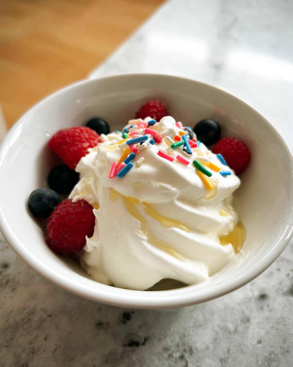 A swirl of frozen Greek yogurt topped with fresh raspberries, blueberries, colorful sprinkles, and a drizzle of honey.