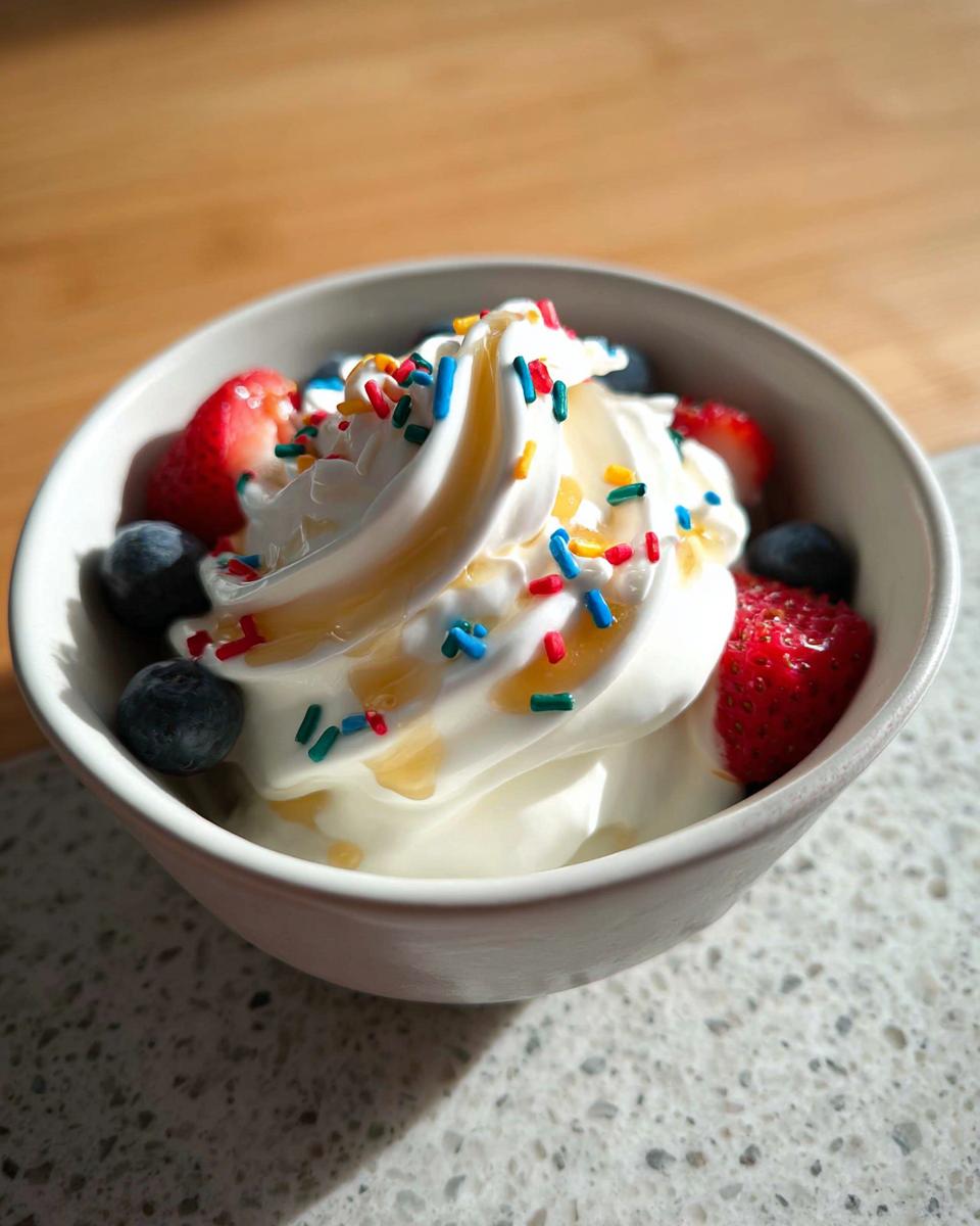 A bowl of easy frozen Greek yogurt topped with fresh strawberries, blueberries, colorful sprinkles, and a drizzle of honey.