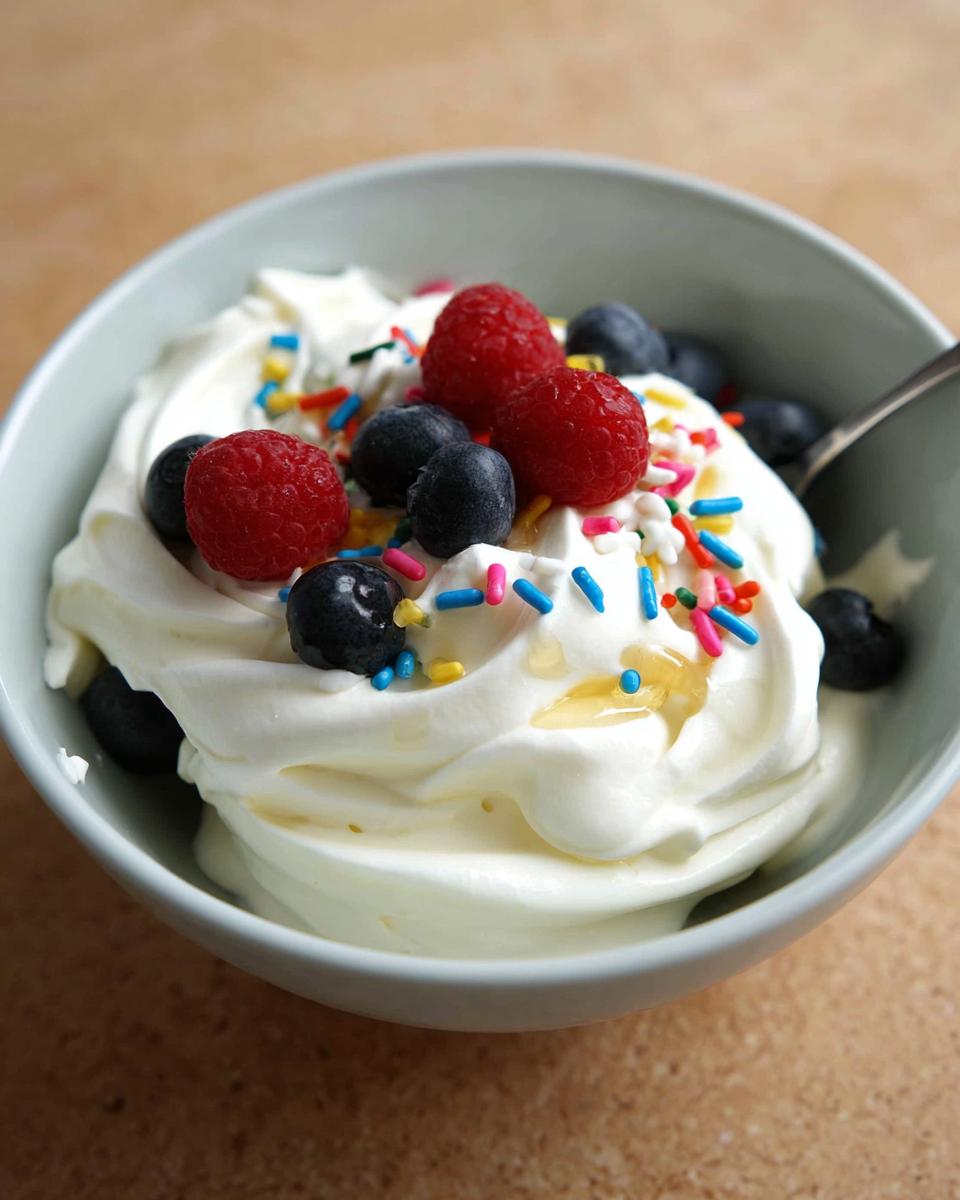 A bowl of easy frozen Greek yogurt topped with fresh raspberries, blueberries, colorful sprinkles, and a drizzle of honey.
