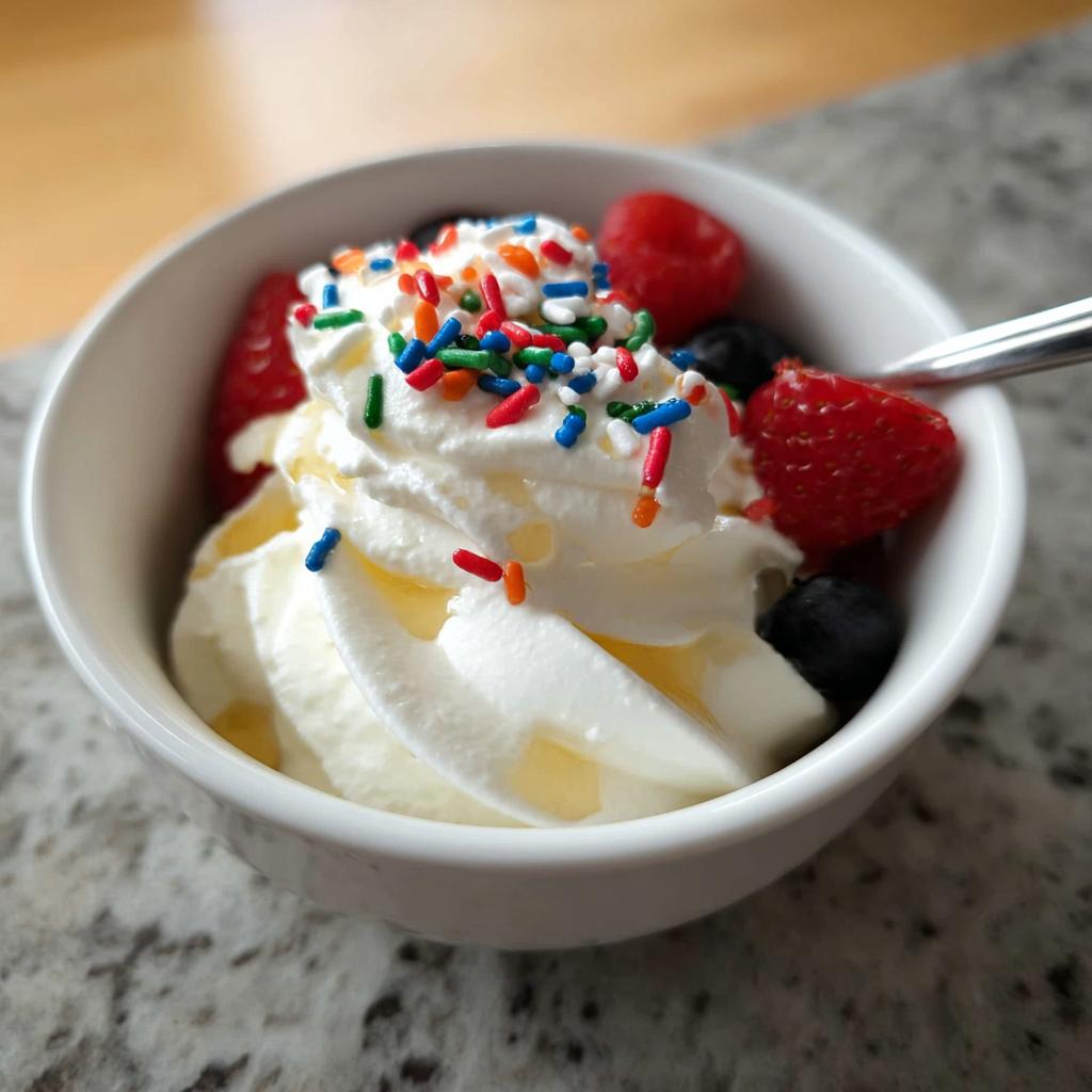 A white bowl filled with creamy frozen Greek yogurt, topped with fresh strawberries, blueberries, and colorful sprinkles.