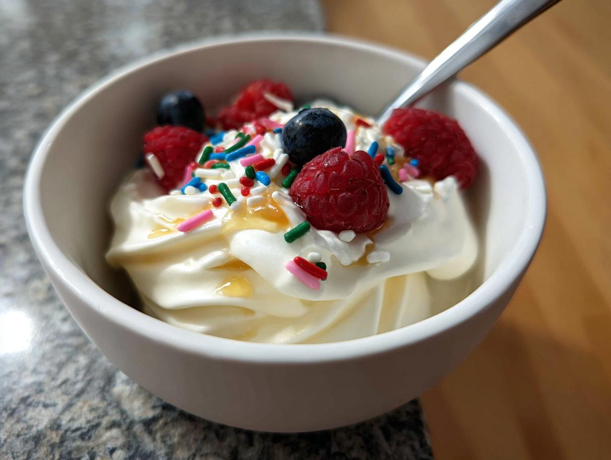 A bowl of easy frozen Greek yogurt topped with fresh raspberries, blueberries, sprinkles, and a drizzle of honey.