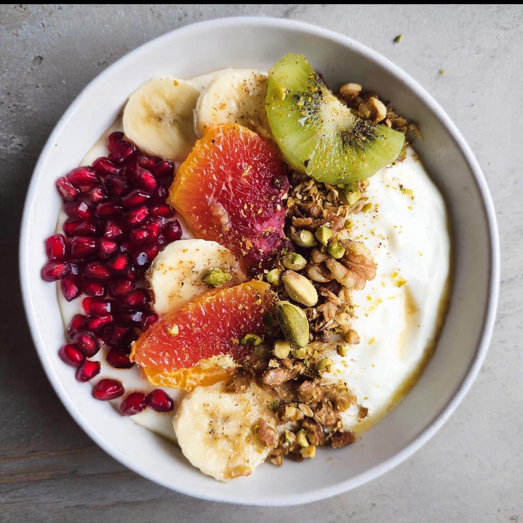 A vibrant and delicious Easy Yogurt Granola Bowl topped with pomegranate seeds, grapefruit slices, banana, kiwi, and nuts.