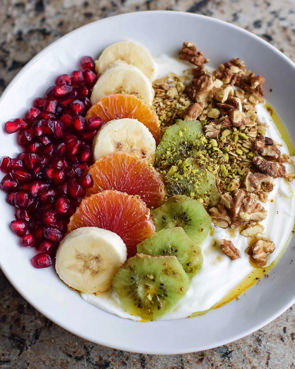 A vibrant and healthy Easy Yogurt Granola Bowl topped with pomegranate seeds, banana slices, orange segments, kiwi, granola, and walnuts.