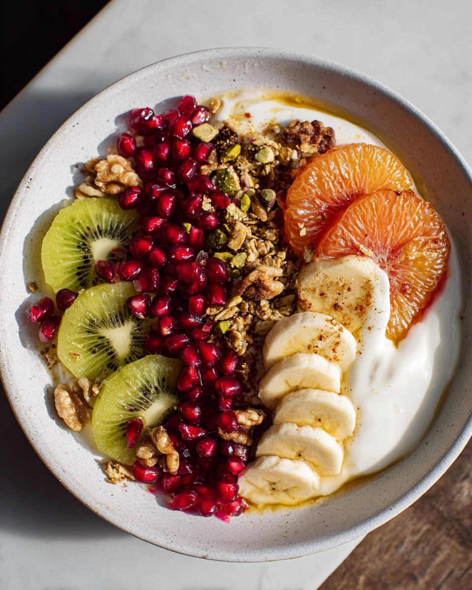 A vibrant and healthy Easy Yogurt Granola Bowl topped with kiwi, pomegranate, banana, orange slices, and nuts.