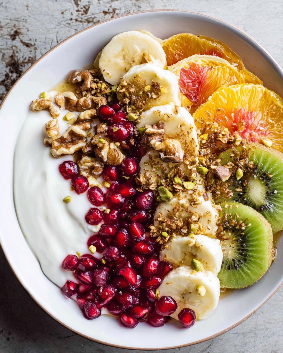 A vibrant bowl of Easy Yogurt Granola Bowls topped with fresh pomegranate seeds, banana slices, kiwi, and citrus fruits.