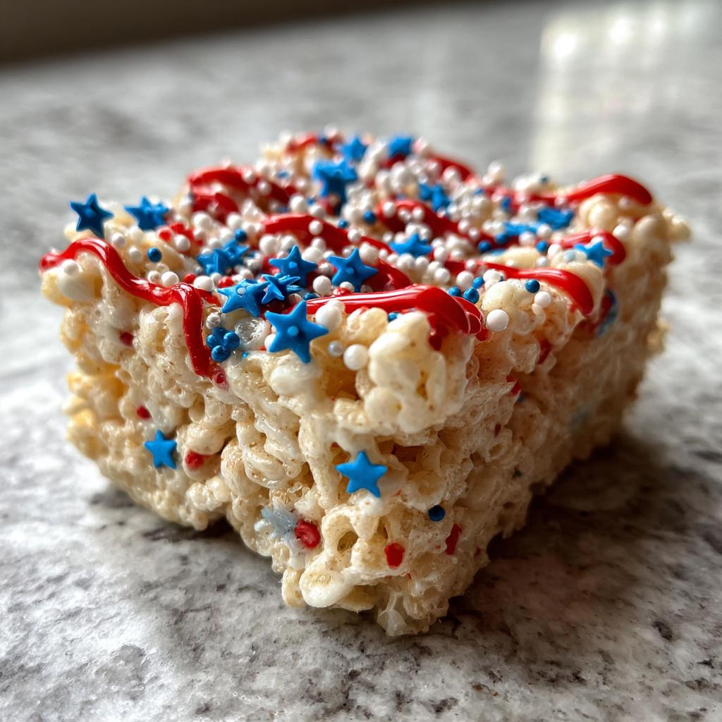 A single Firecracker Rice Krispie Treat decorated with red icing, blue stars, and white and red sprinkles.