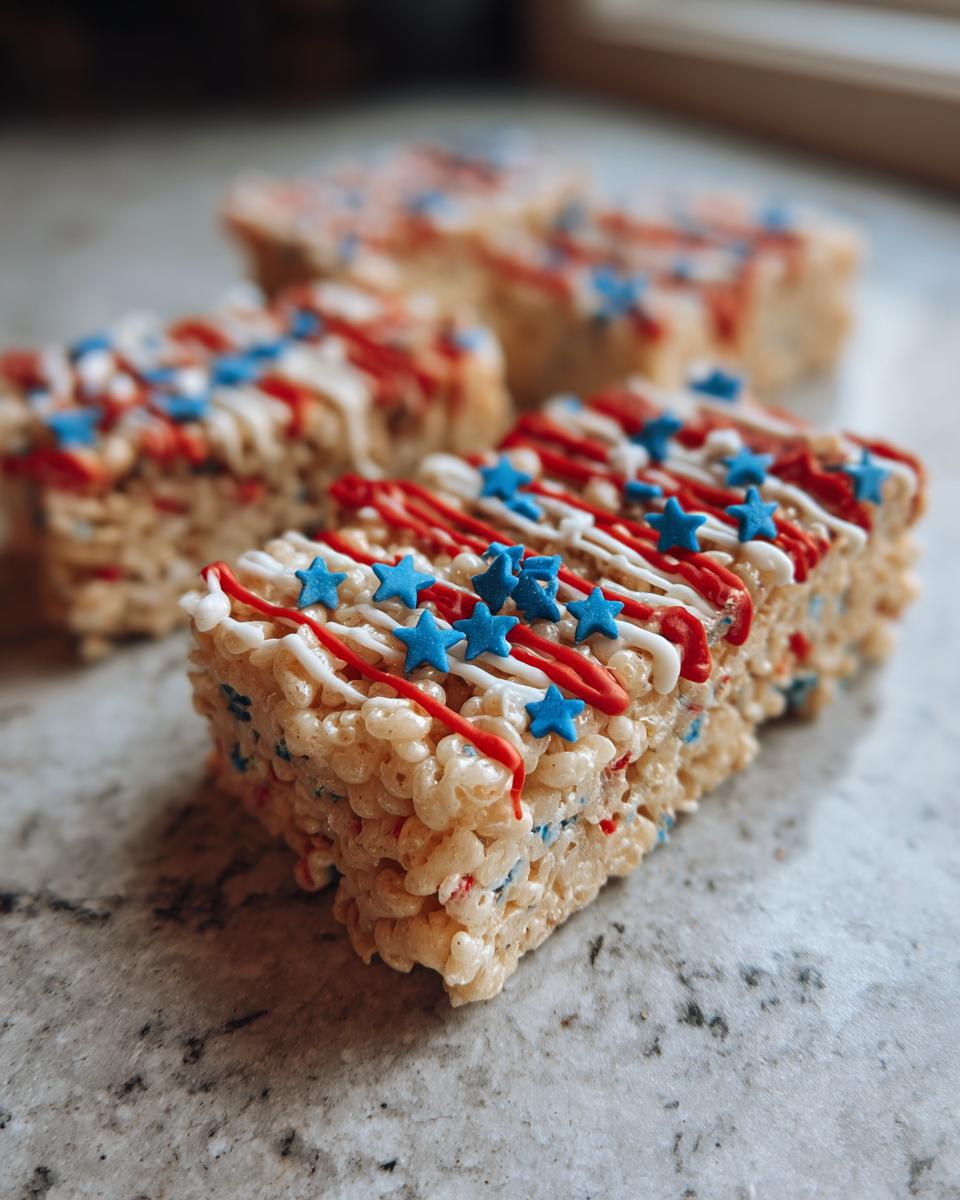 Close-up of festive Firecracker Rice Krispie Treats decorated with red and white icing and blue stars.