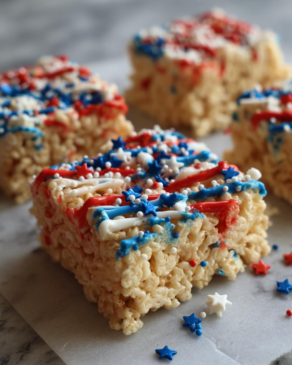 Close-up of festive Fourth of July Desserts: Firecracker Rice Krispie Treats decorated with red, white, and blue icing and star sprinkles.
