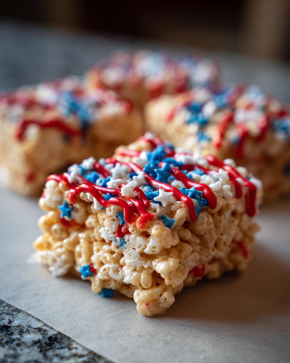 Close-up of a Firecracker Rice Krispie Treat decorated with red and blue icing and star sprinkles.