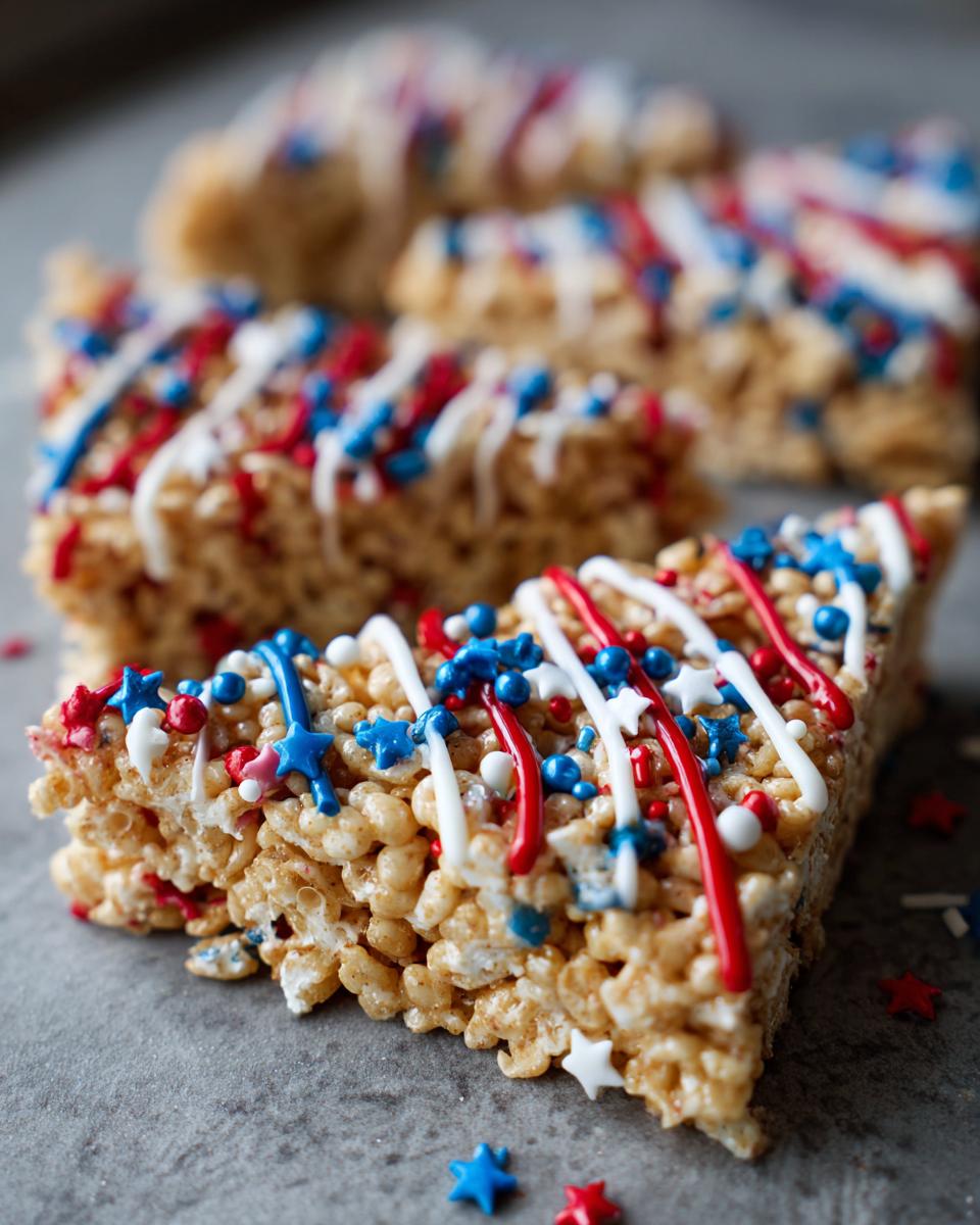 Close-up of a Firecracker Rice Krispie Treat decorated with red, white, and blue icing and star sprinkles.