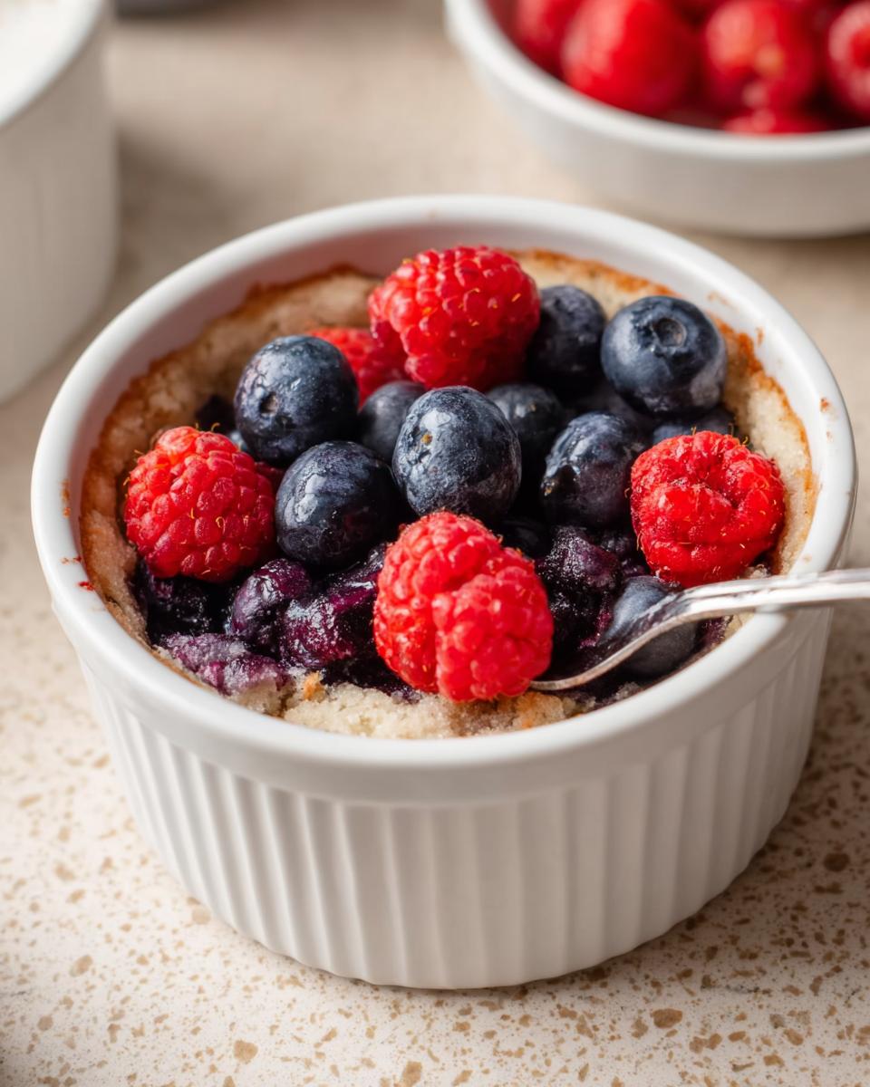 A fluffy baked protein bowl topped with fresh blueberries and raspberries, with a spoon digging in.